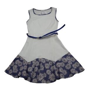 Lette Dress Womens M White Blue Fit Flare Sleeveless Round Neck Floral Cotton